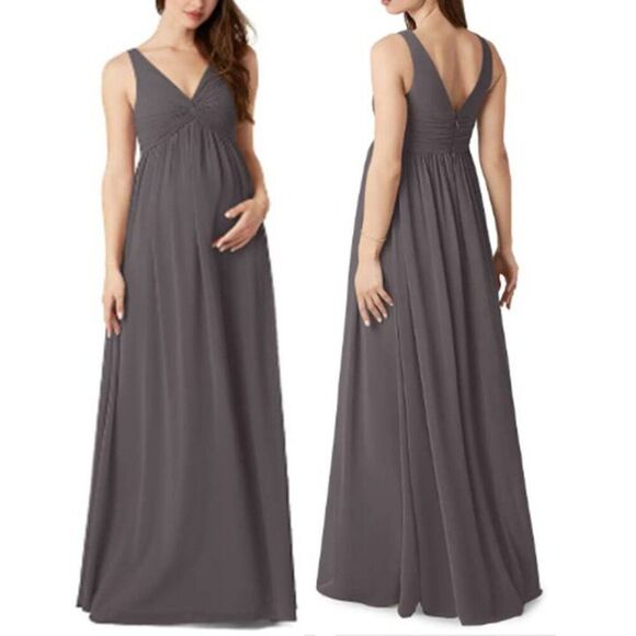 Azazie Maternity Maxi Dress Yetta Chiffon Formal Evening Party Grey Size12 $129 - Picture 1 of 7